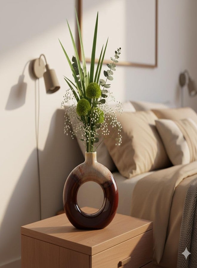 كافيين مزهرية زهور سيراميكية مصنوعة يدوياً على شكل دونات باللونين البني والكريمي، مناسبة لتزيين المنزل (مجموعة من قطعة واحدة) - Image 1